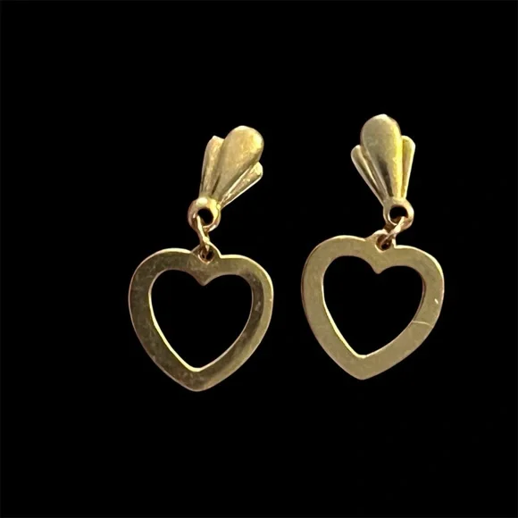 14K Gold open Heart Drop Earrings vintage original backs - Picture 2 of 7